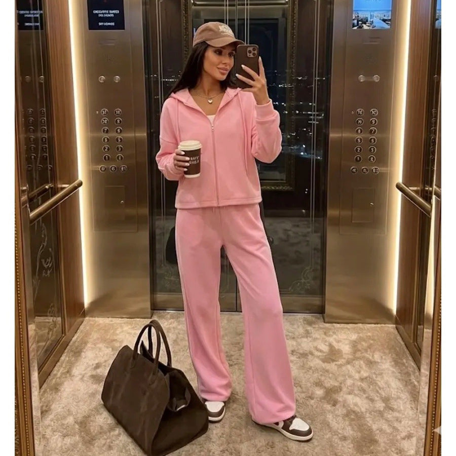 Women’s Casual French Terry Lounge Set with Short Zip Hoodie and Wide-Leg Joggers