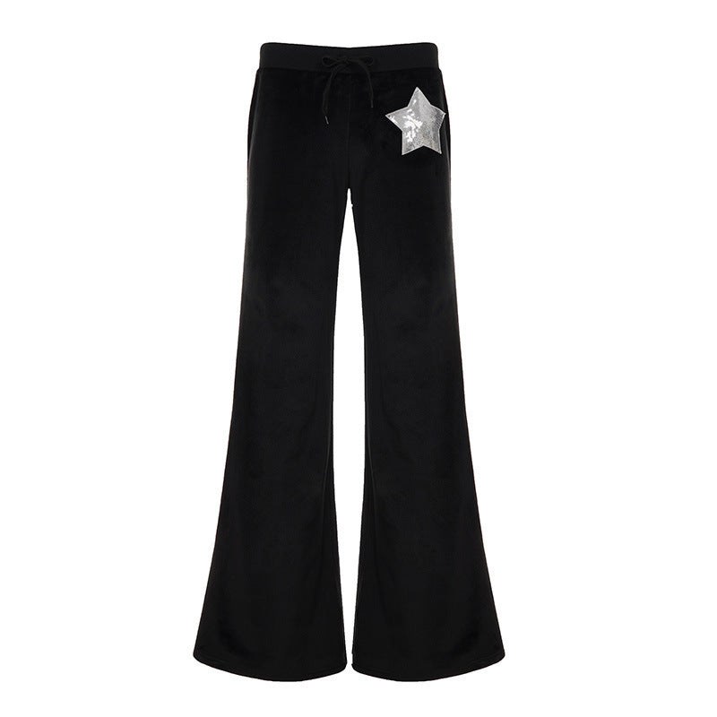 Women's Comfortable Velour Wide-Leg Pants with Star Appliqué