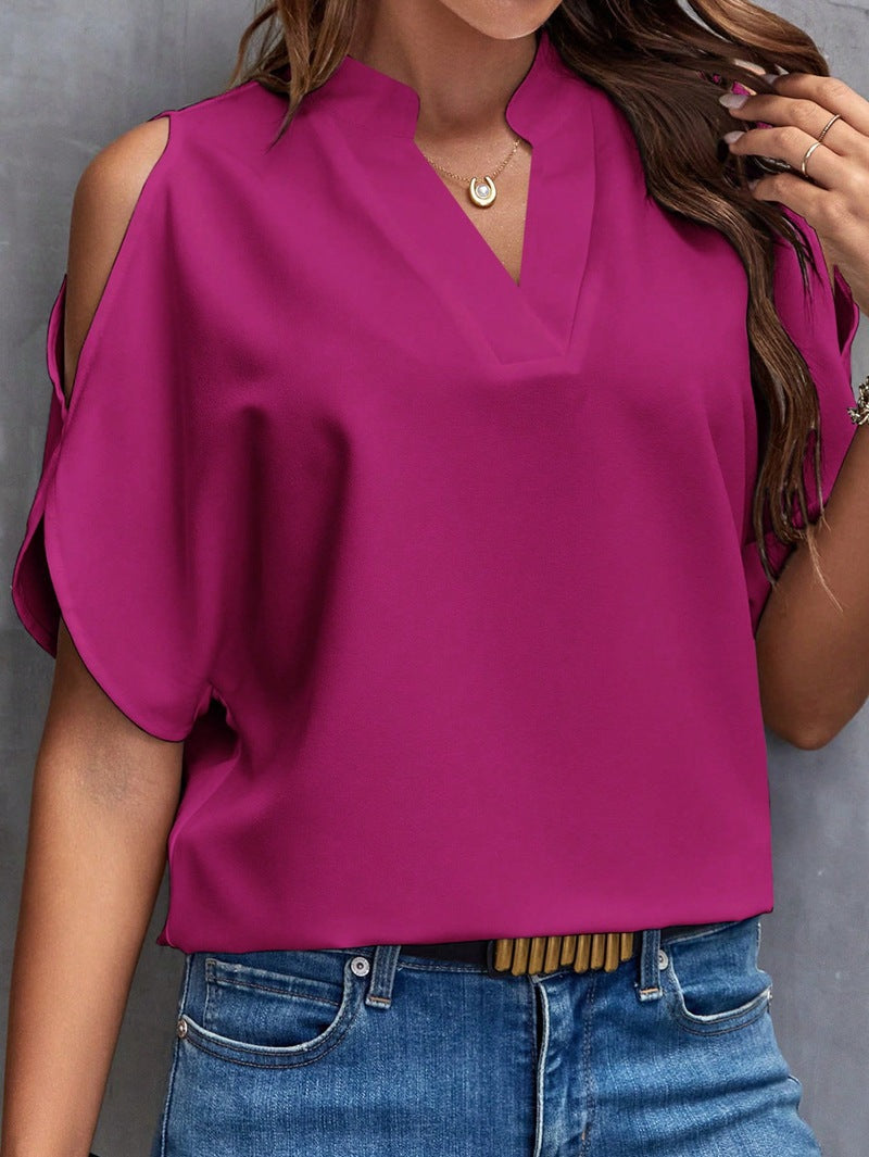 Women's Blouse with Cut-Out Sleeves and Elegant Stand-Up Collar