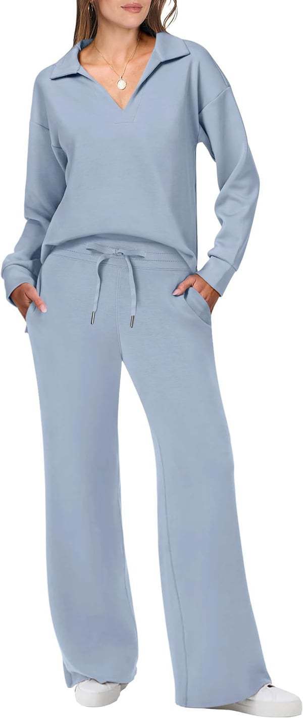 Women's Casual Lounge Set with Wide Cut and Cozy V-Neck