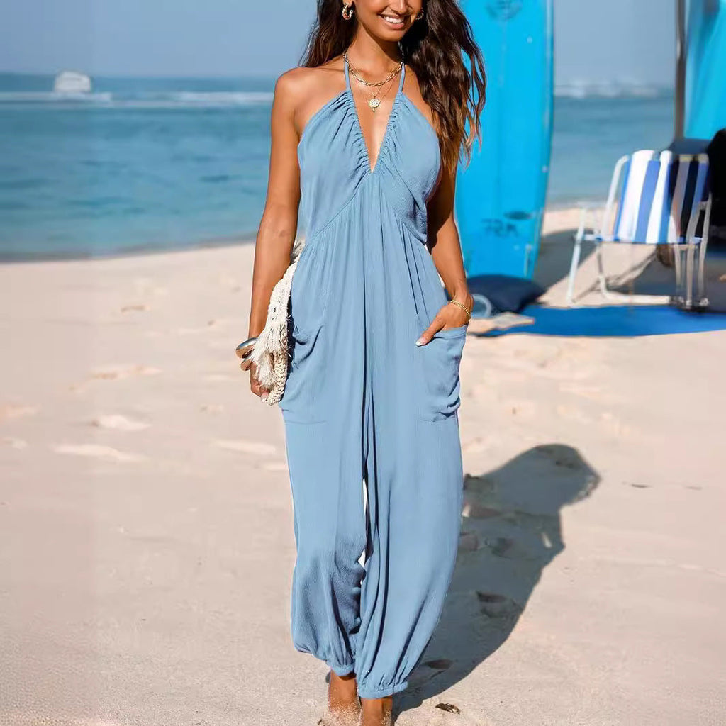 Casual Women's Jumpsuit with Deep Neckline and Pockets