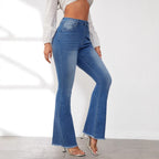 Women's High-Waisted Flared Jeans with Fringed Hems