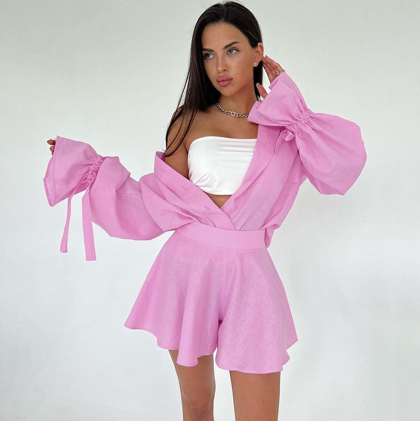 Women's Fashionable Leisure Outfit with Balloon Sleeves and Wrap Skirt