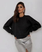 Women's Cropped Knit Sweater with Voluminous Sleeves and Crew Neck