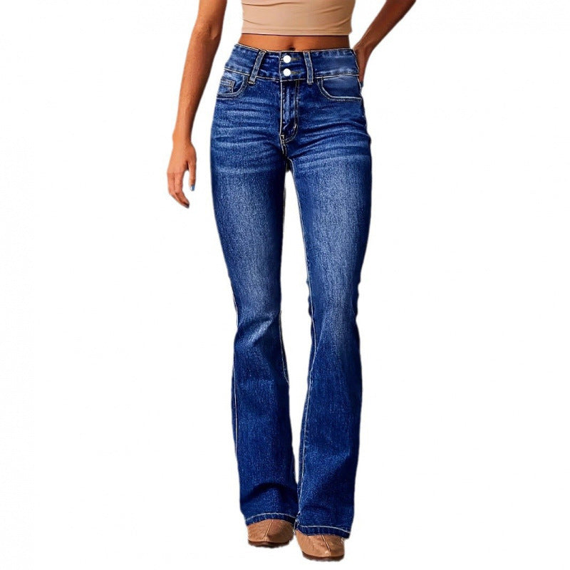 Women's High-Waisted Bootcut Jeans with Fashionable Buttons