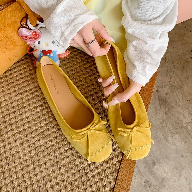 Women's Metallic Leather Ballet Flats with Elegant Bow