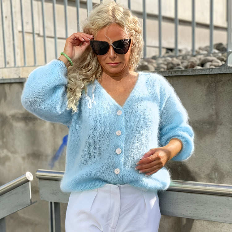Women's Fluffy Cardigan with Puff Sleeves