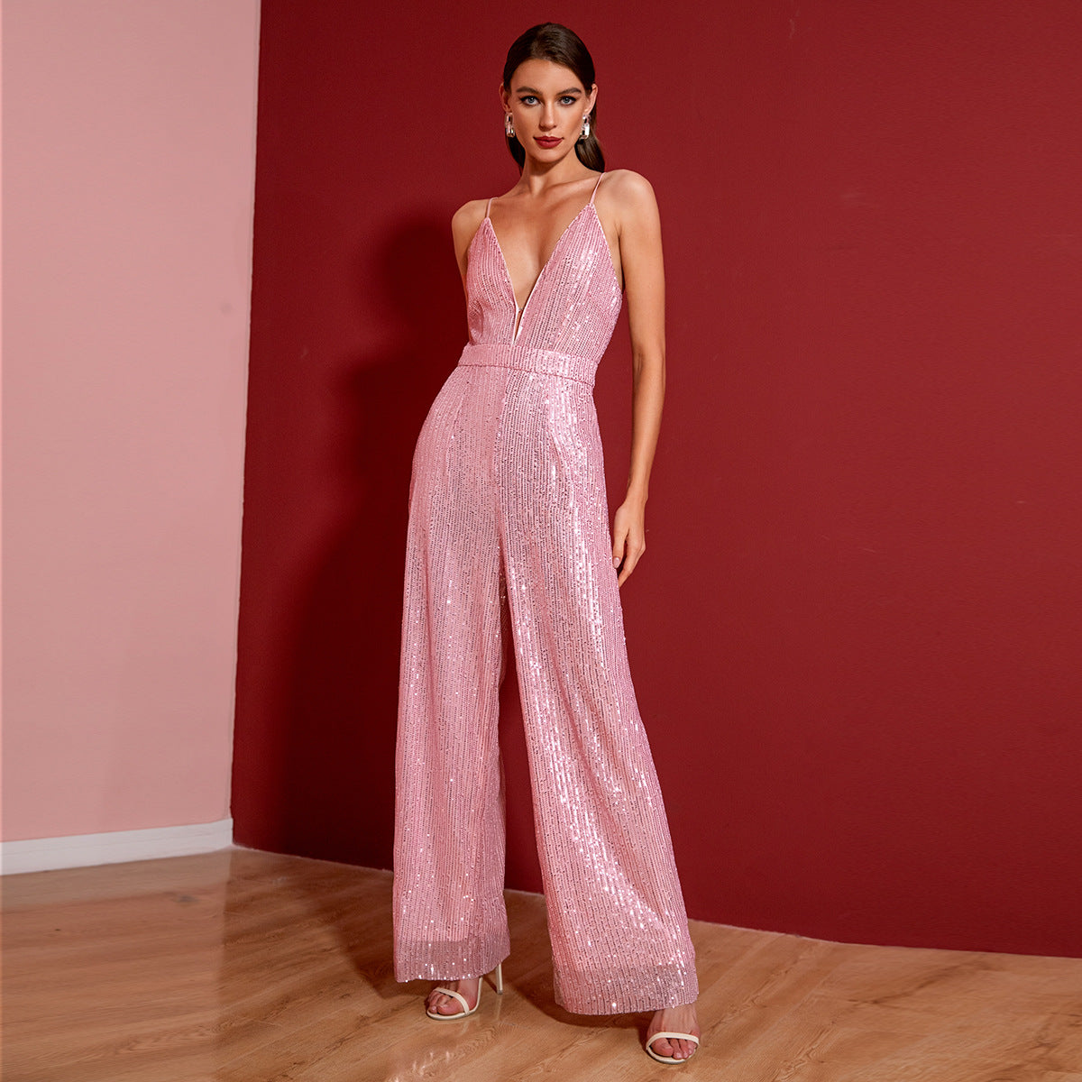 Women's Glittering Jumpsuit with Deep V-Neck and Wide Leg