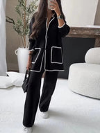 Women's Elegant Knit Blazer Set with Contrasting Details