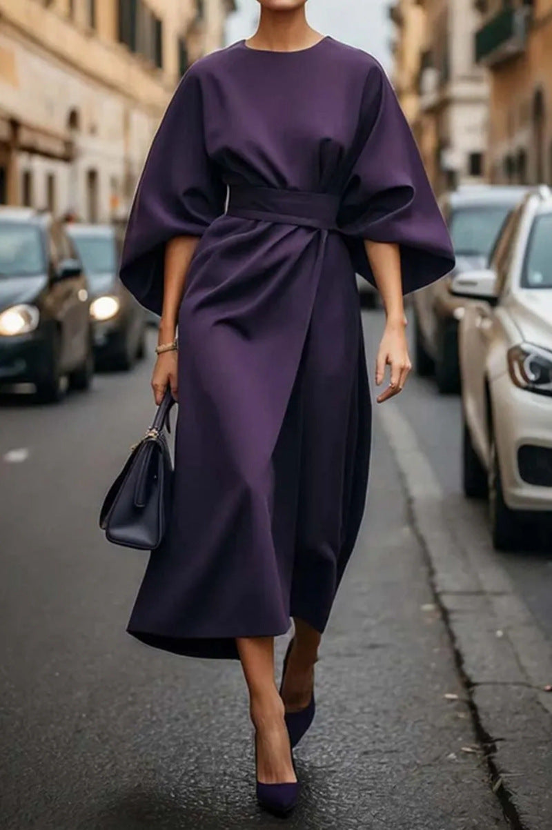 Women's Elegantly Cut Maxi Dress with Puff Sleeves and Fitted Belt