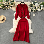 Women's Elevated Knit Set with V-Neck and Button Placket