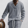Men's relaxed knit ensemble with deep V-neck and elastic drawstring waistband