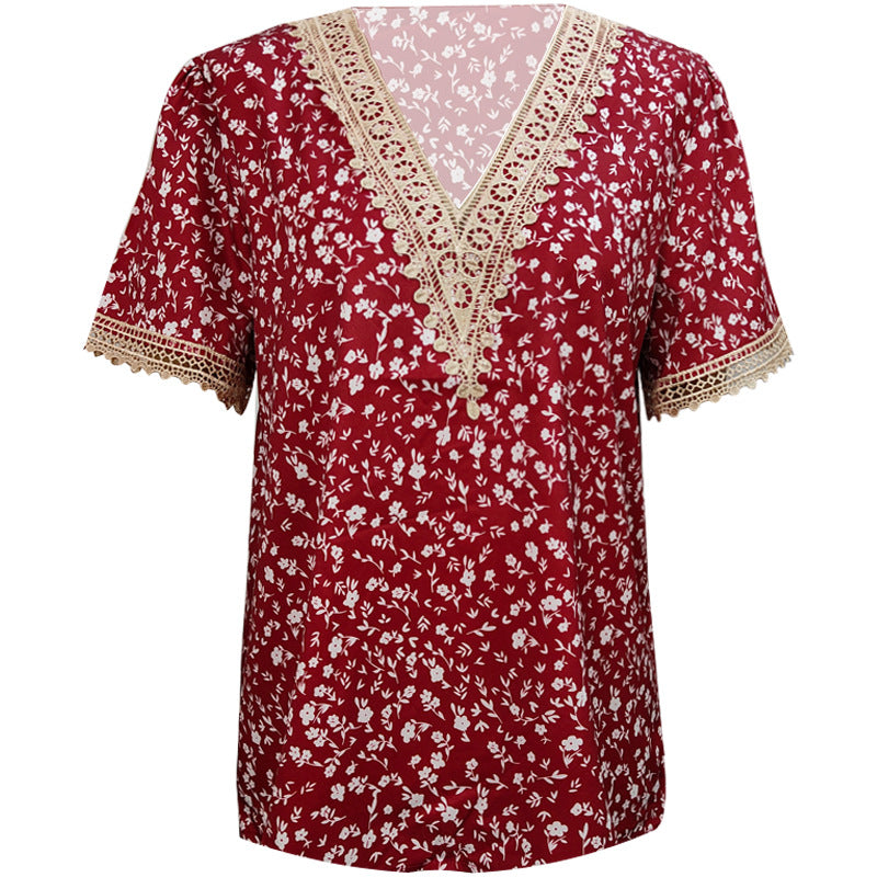 Women's V-Neck Blouse with Delicate Lace Accents
