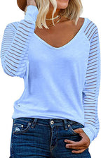 Women's Long-Sleeve V-Neck Shirt with Striped Sleeves