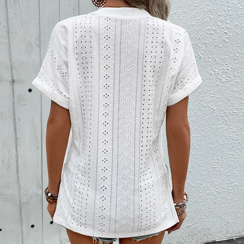 Women's Blouse with Eyelet Pattern and V-Neck