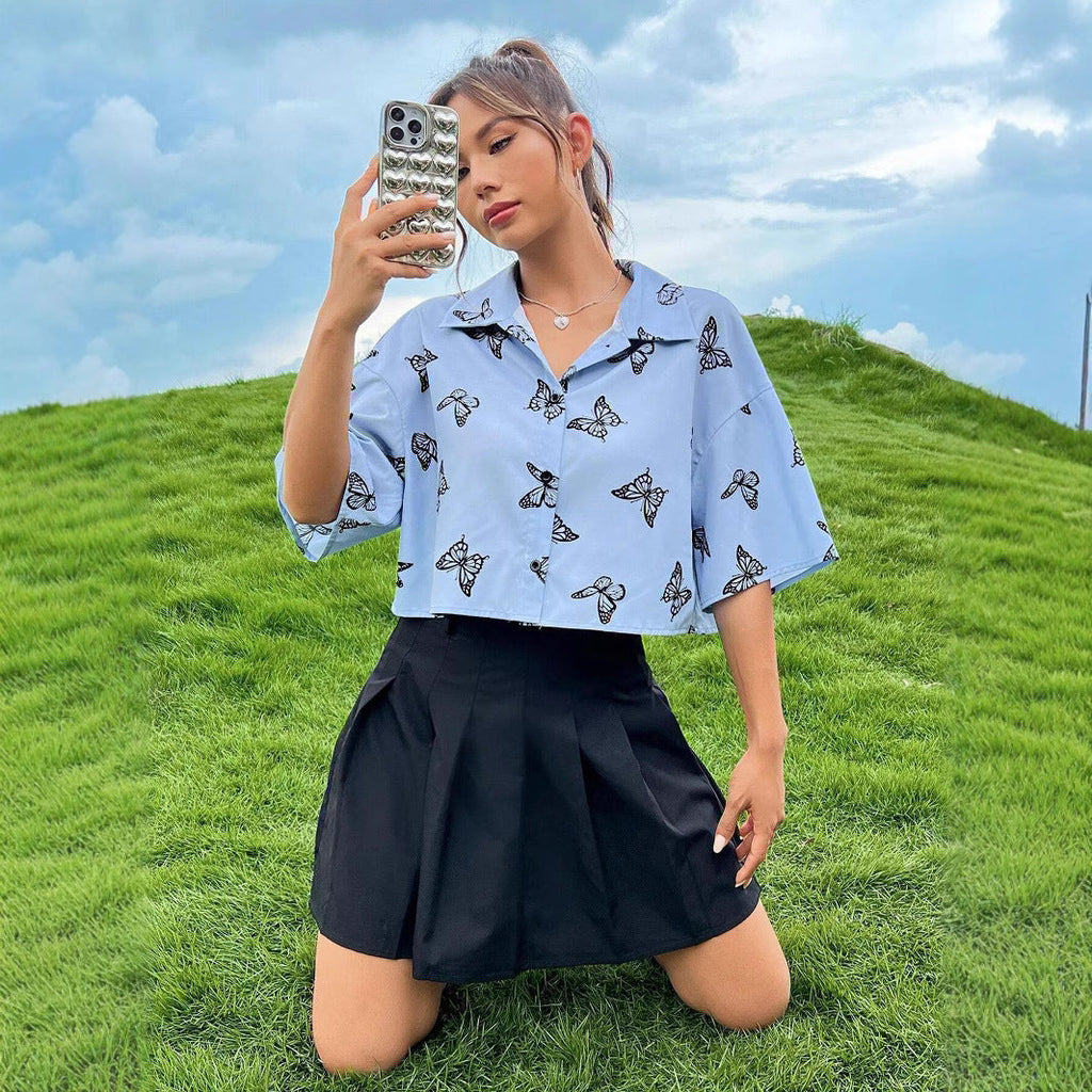 Women's Short Sleeve Shirt with Butterfly Print