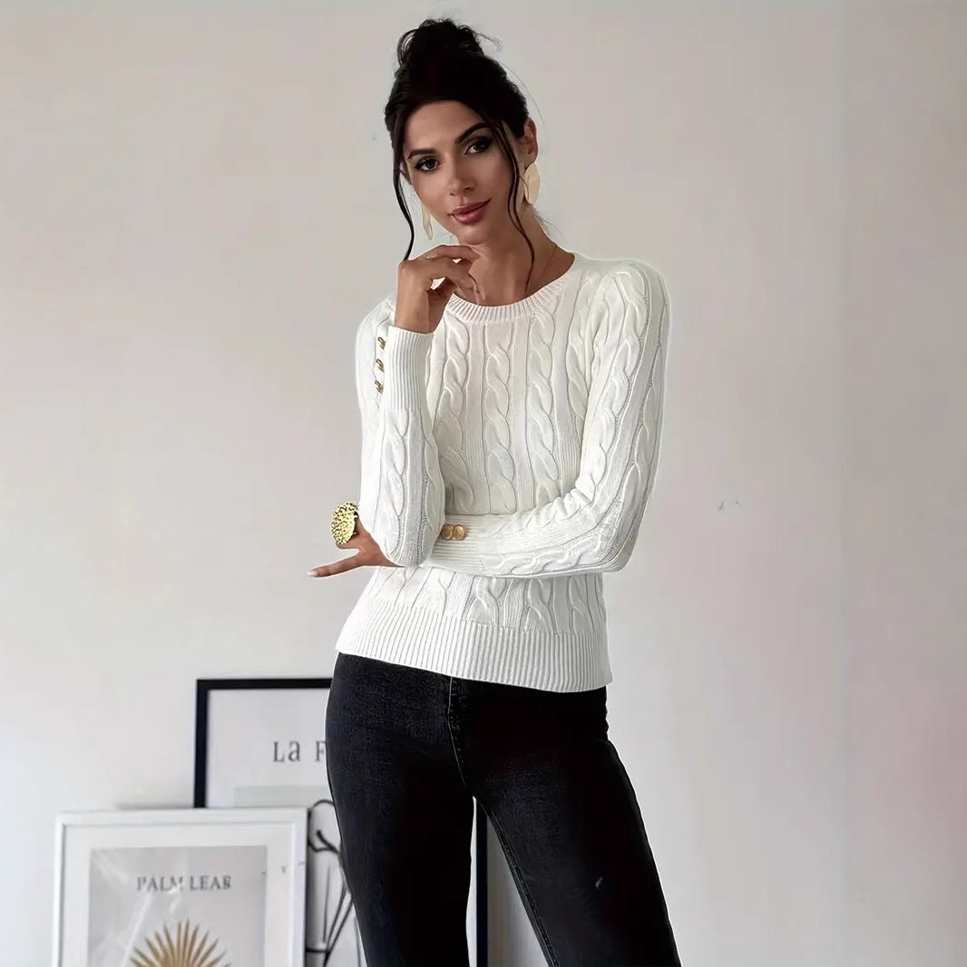Women's Chunky Knit Sweater with Decorative Button Details