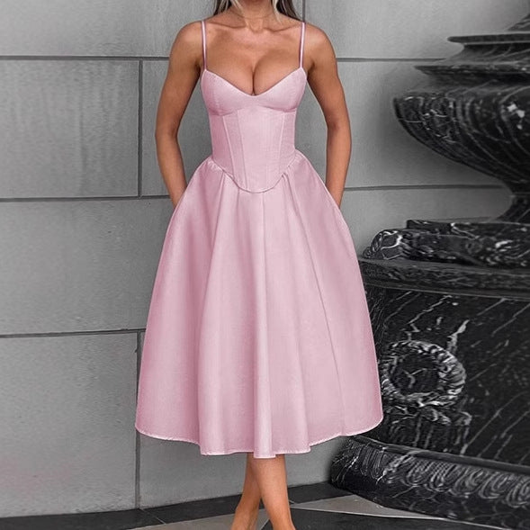 Elegant A-Line Midi Dress with Spaghetti Straps