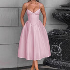 Elegant A-Line Midi Dress with Spaghetti Straps