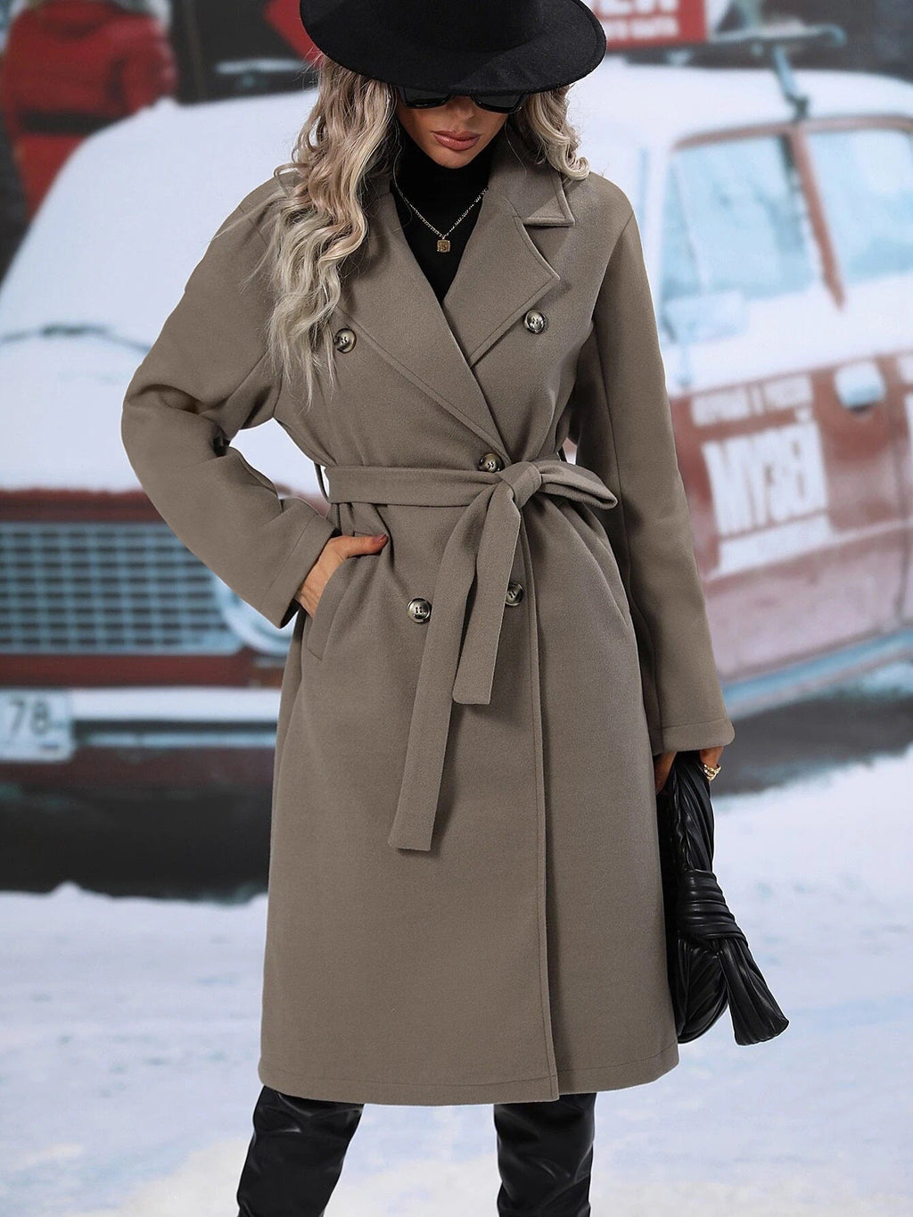 Women's Elegant Trench Coat with Waist Belt and Double-Breasted Buttons