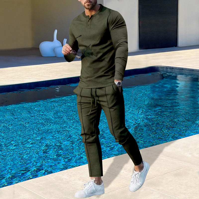 Men's nano athletic Henley long sleeve shirt and tapered jogging pants with decorative seams