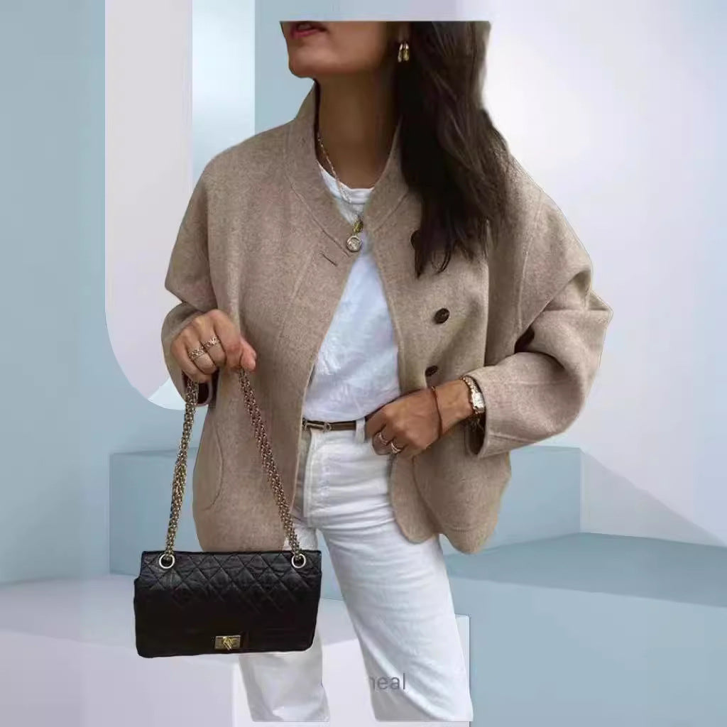 Women's Elegant Oversized Wool Jacket with Button Details