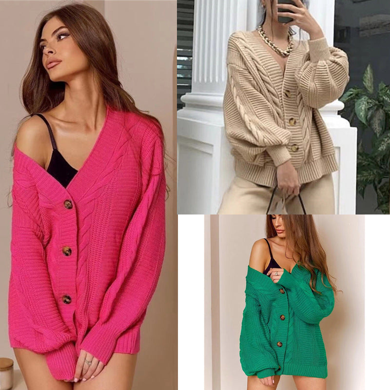 Women's Chunky Knit Cardigan with V-Neck and Button Details