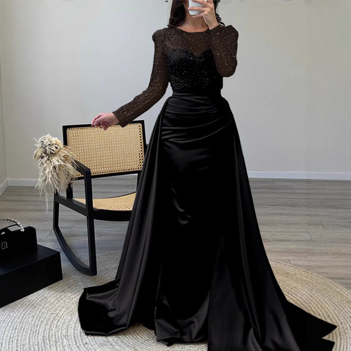 Women's Evening Dress with Sequined Bodice and Satin Skirt