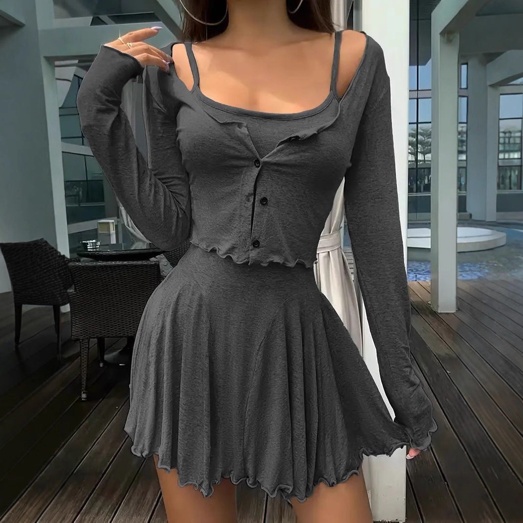 Women's Fashionable Top with Ruffles and Short Skirt