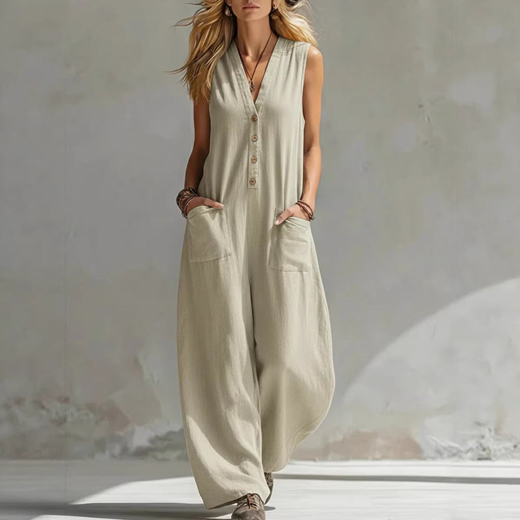 Women's Jumpsuit with Deep V-Neck and Pockets