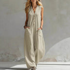 Women's Jumpsuit with Deep V-Neck and Pockets