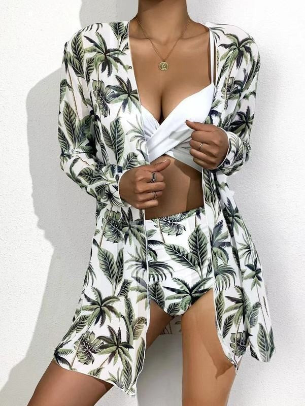 Women's Swimwear Set with Sheer Cover-Up and Floral Print