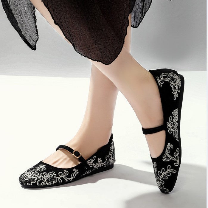 Women's Ballerina Flats with Floral Pattern and Strap Design