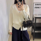 Women's Chunky Knit Cardigan with Deep V-Neck and Large Button Details