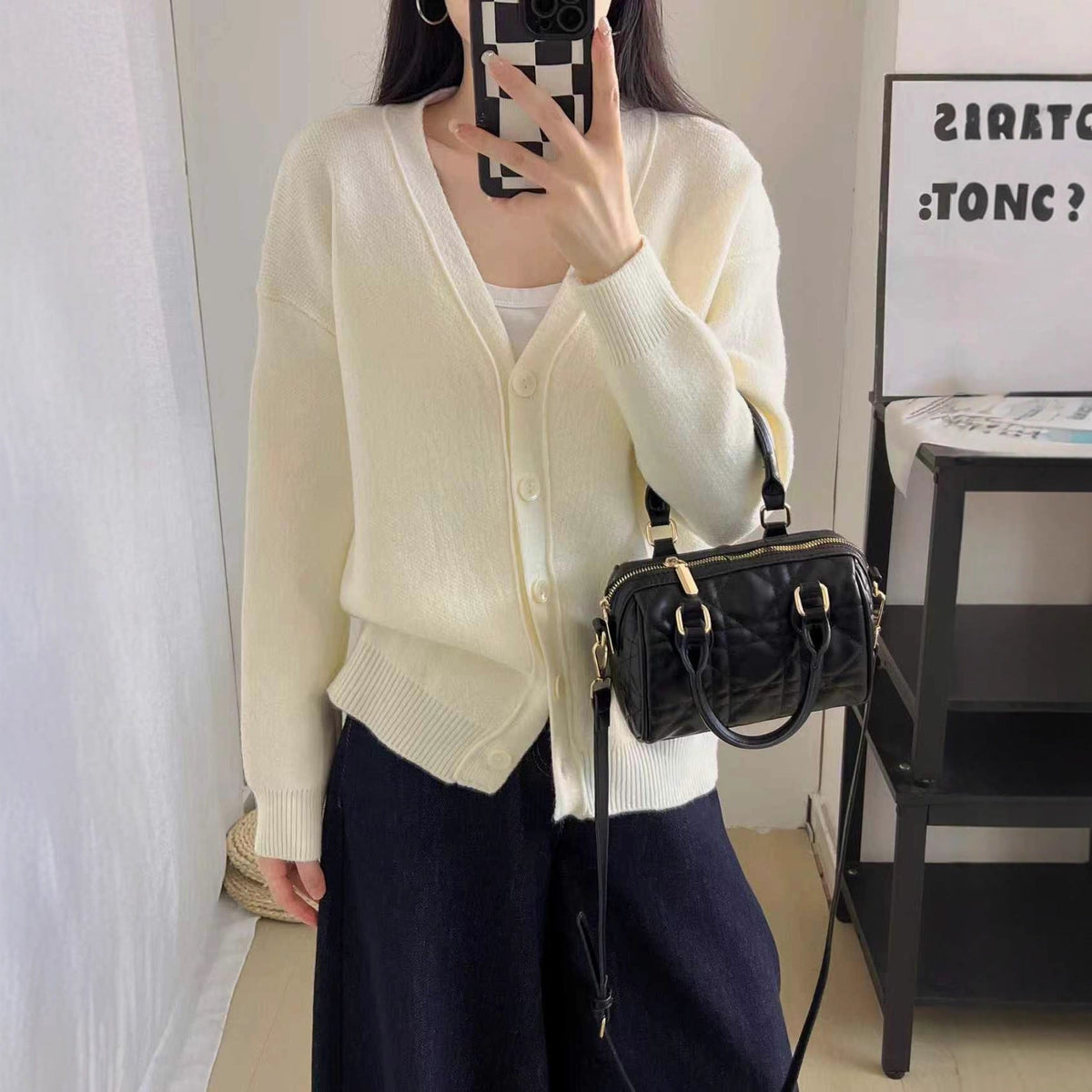 Women's Chunky Knit Cardigan with Deep V-Neck and Large Button Details