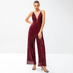 Women's Glittering Jumpsuit with Deep V-Neck and Wide Leg