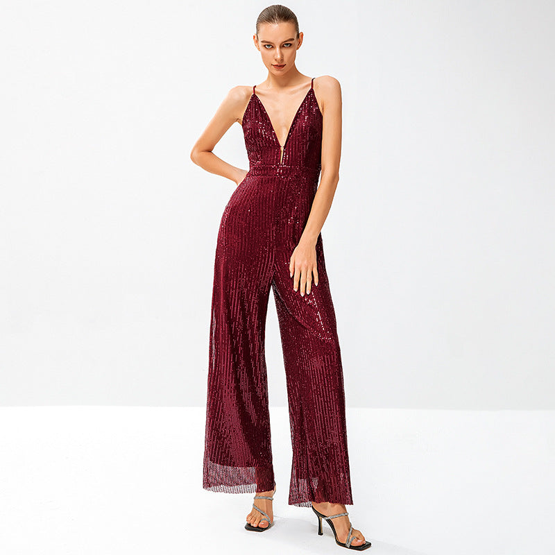 Women's Glittering Jumpsuit with Deep V-Neck and Wide Leg