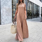 Women's Airy Maxi Jumpsuit with Decorative Pleats and Side Pockets