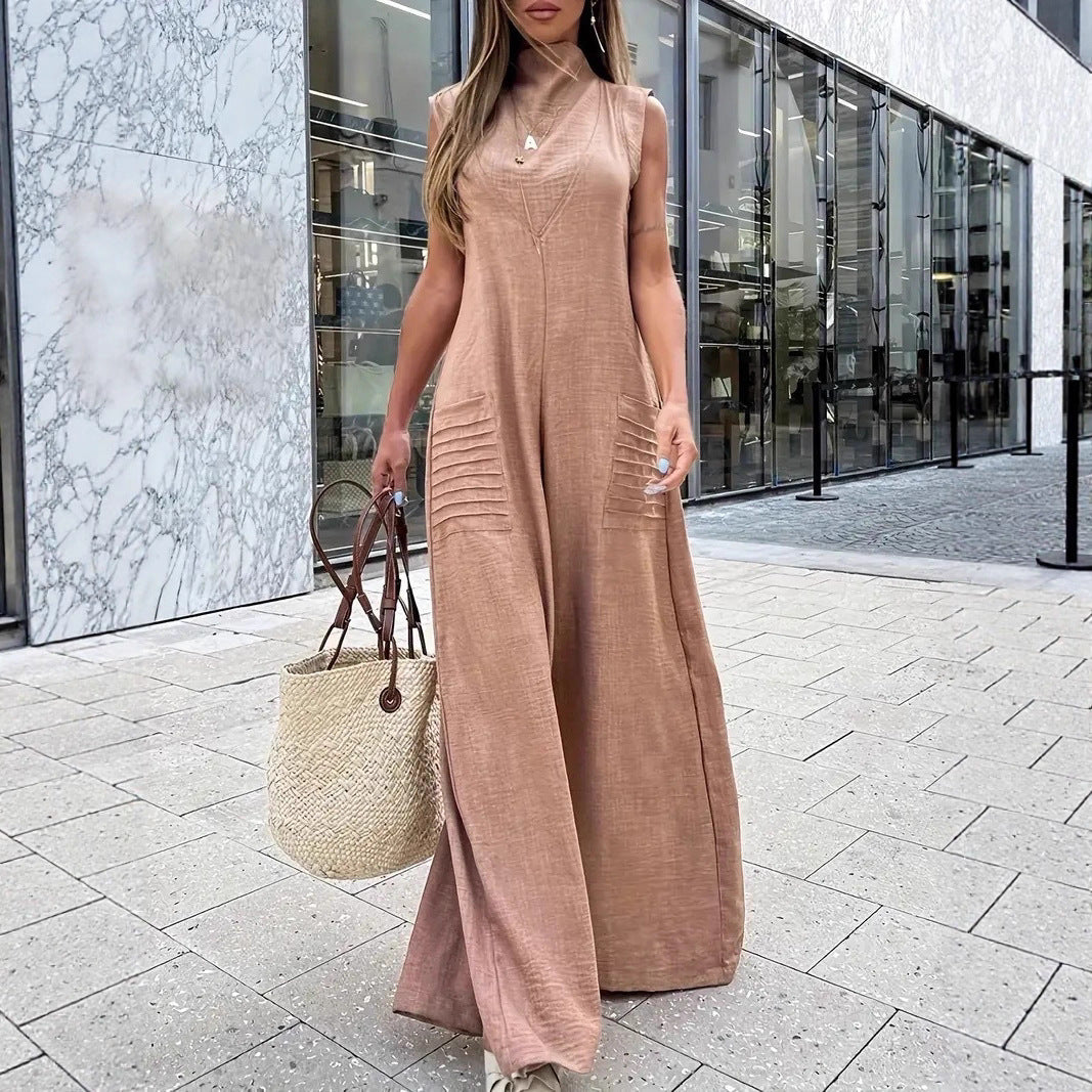 Women's Airy Maxi Jumpsuit with Decorative Pleats and Side Pockets