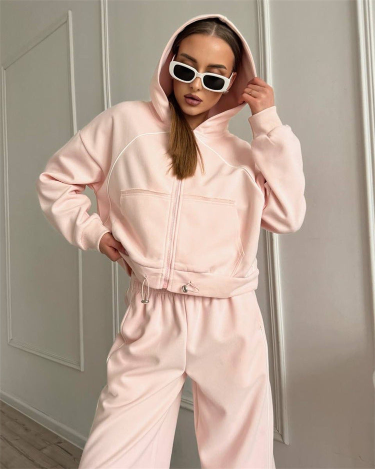 Women's Hooded Jacket and Wide Jogging Trousers Set with Contrast Stitching