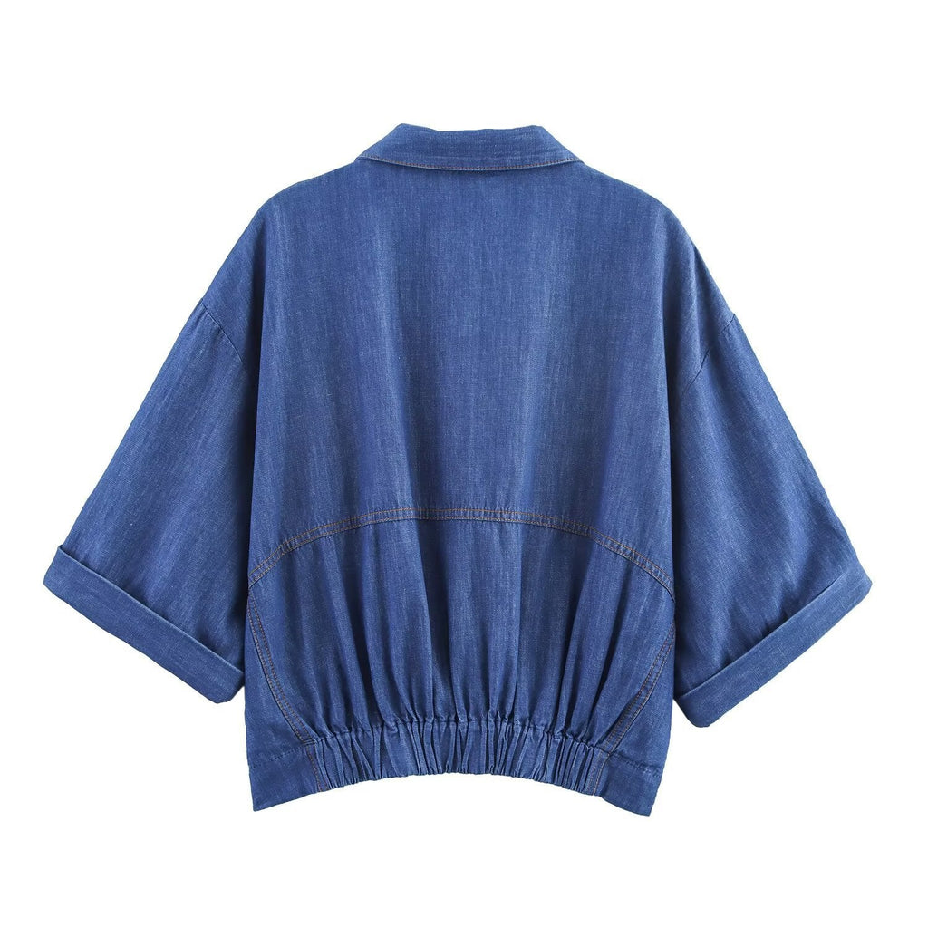 Women's Casual Denim Set with Crop Blouse and Elastic Pants