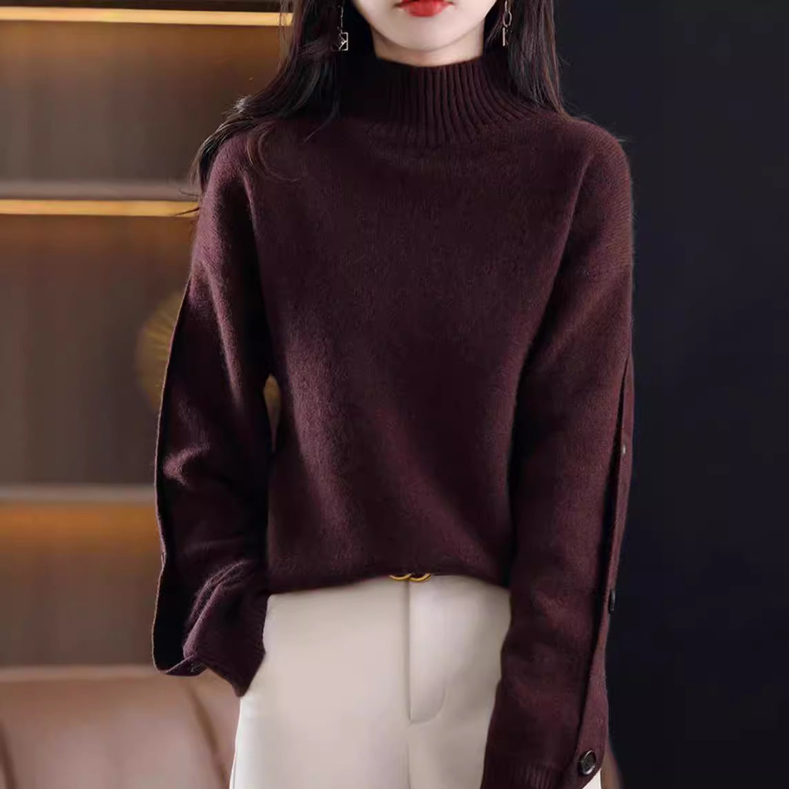 Women's Elegant Turtleneck Sweater with Button Details
