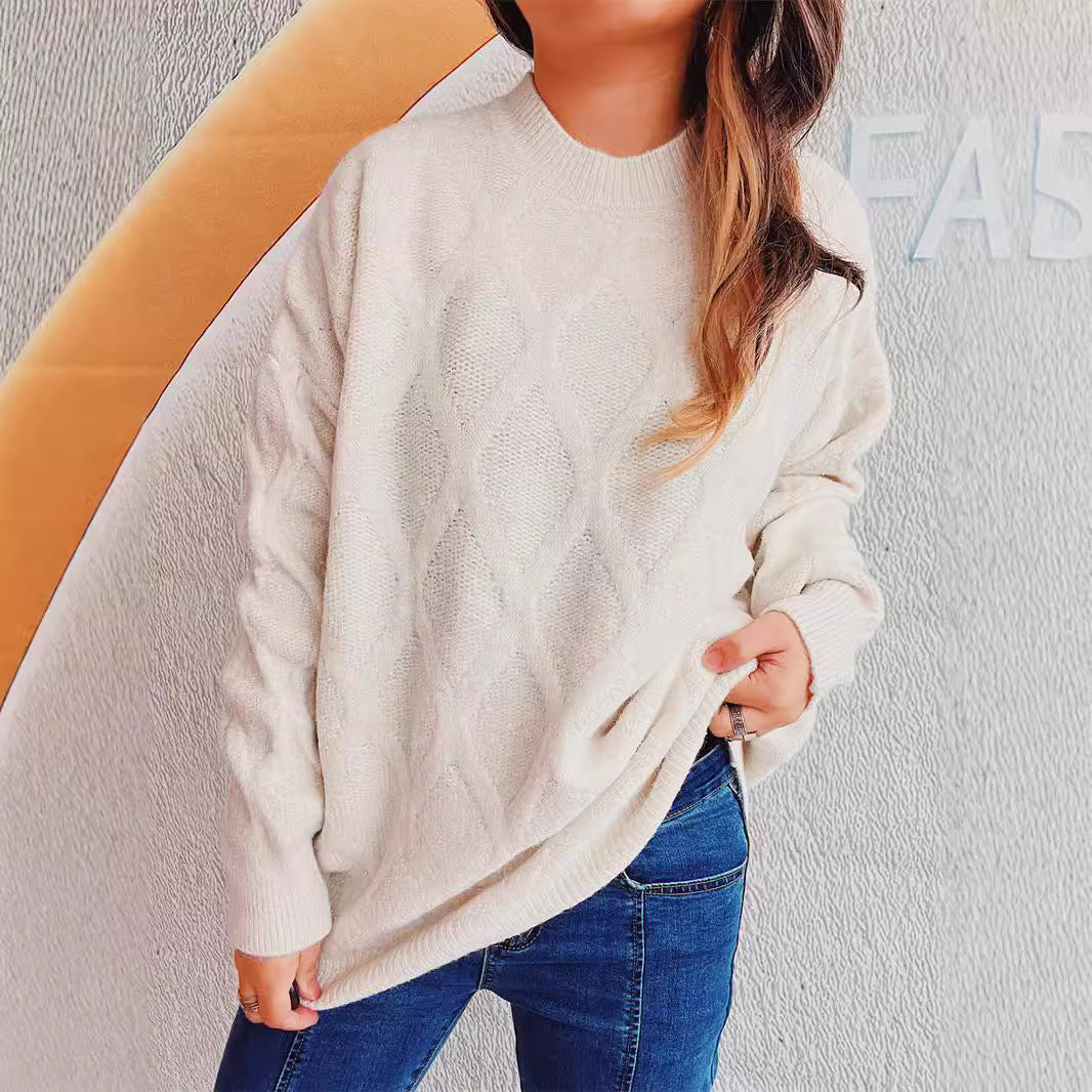 Women's Chunky Knit Sweater with Diamond Pattern and Voluminous Sleeves