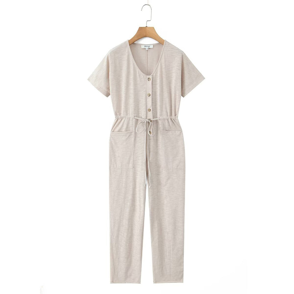 Women's Jumpsuit with Waist Drawstring and Practical Pockets