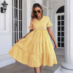 Women's Flowy V-Neck Jumpsuit with Ruffles and Plaid Pattern