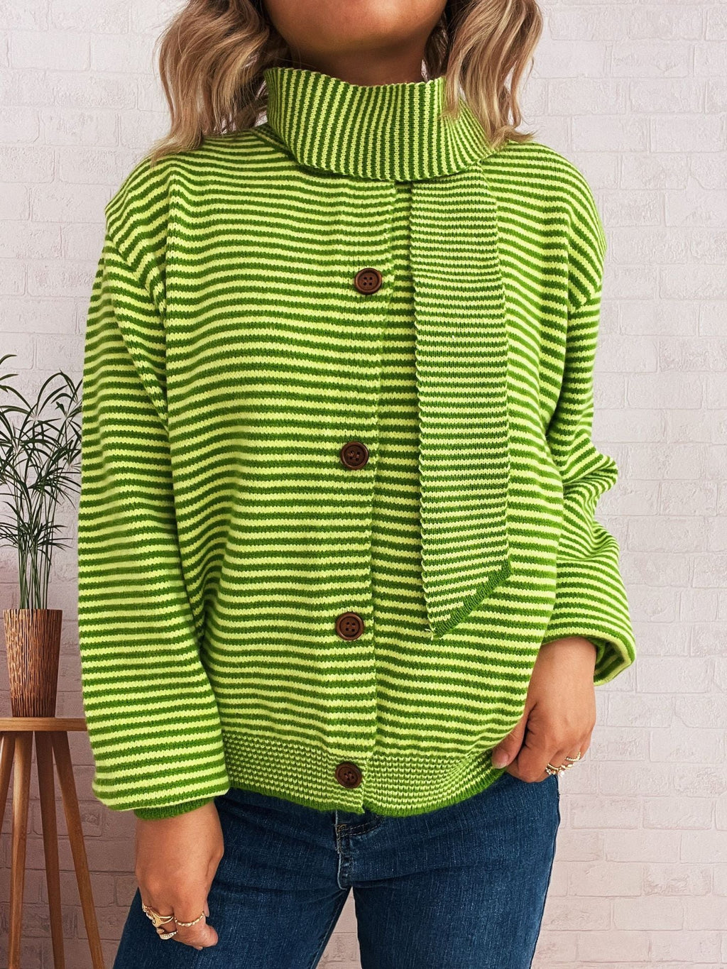 Striped Cardigan with Modern Collar and Button Closure