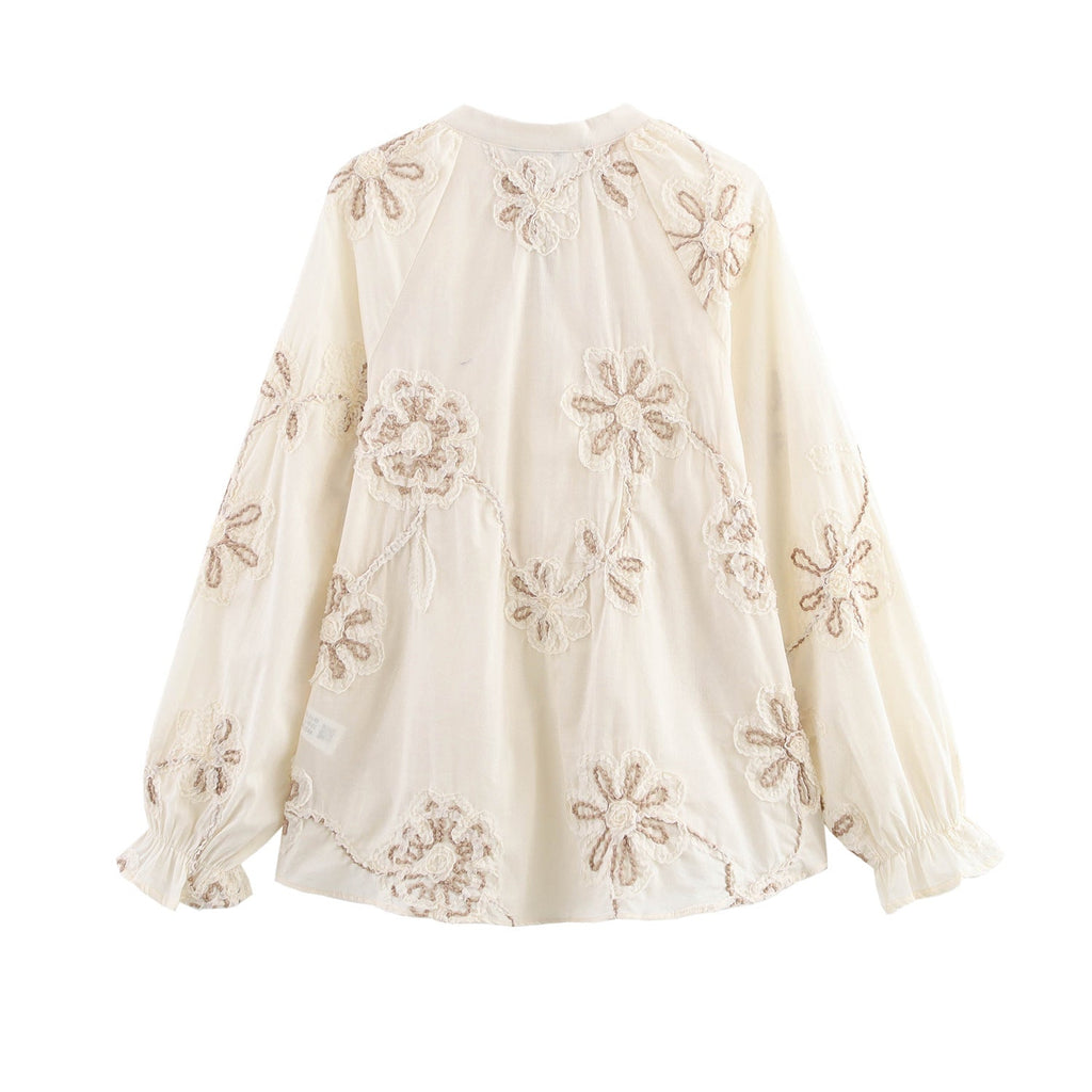 Women's Blouse with Floral Embroidery and Elegant Tassels