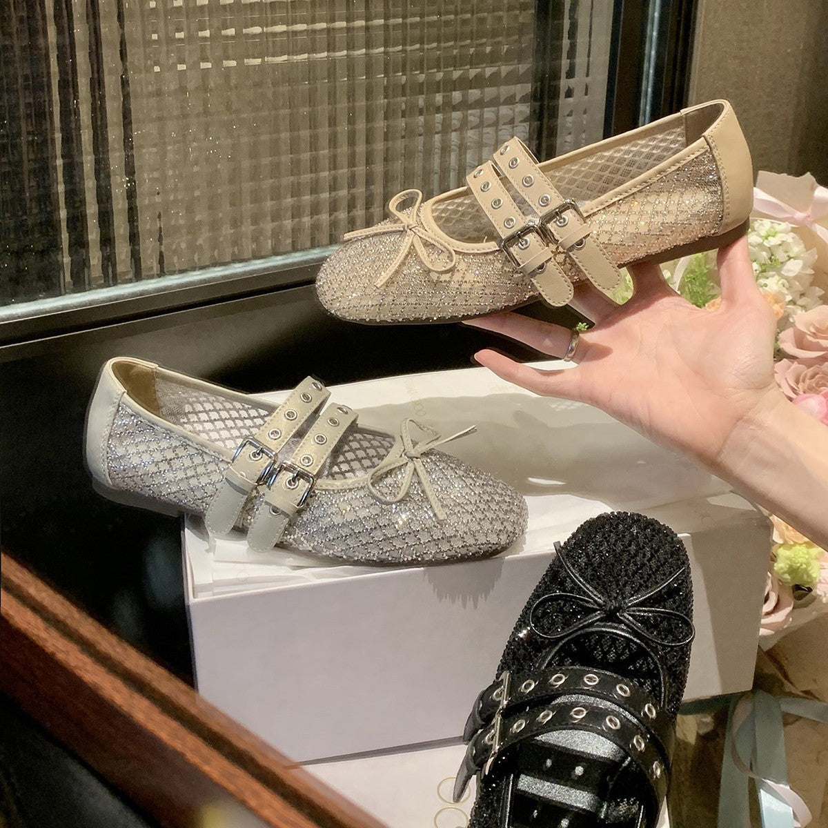Women's Ballet Flats with Double Strap and Sparkling Look