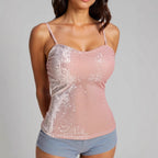 Women's Elegant Spaghetti Strap Shirt with Luxurious Sequins and Fine Rib Knit