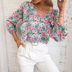 Women's Blouse with Ruffles and Floral Pattern